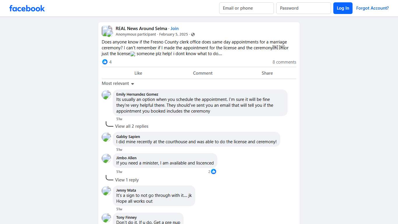 REAL News Around Selma Does anyone know if the Fresno County clerk office does same day appointments for a marriage ceremony Facebook